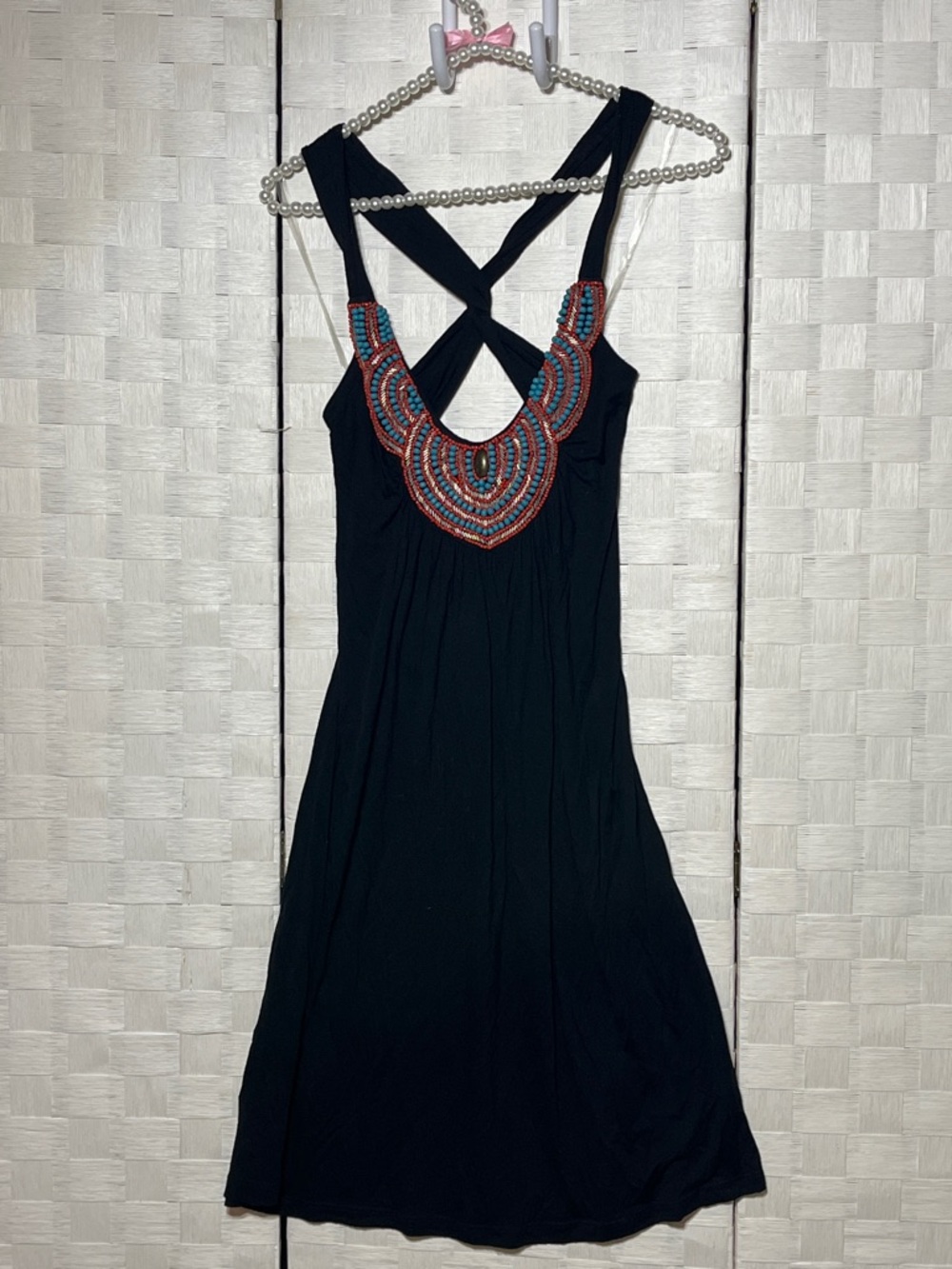 Romeo & Juliet Couture Black Dress with Multicolor Beaded Yoke Size Small